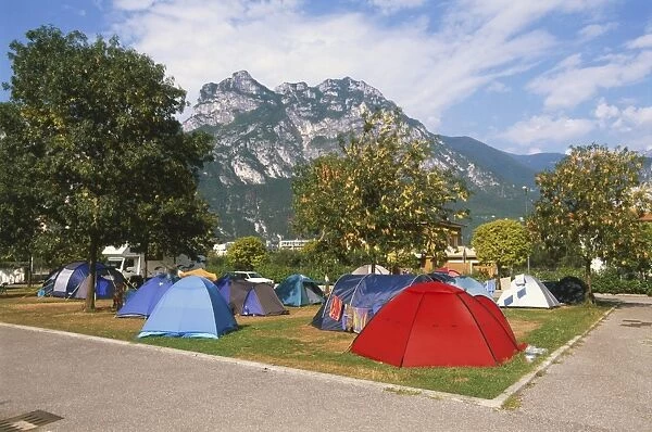 Italy, Lombardia, Lake Garda, Monte Brione, tents in grounds of busy camp site