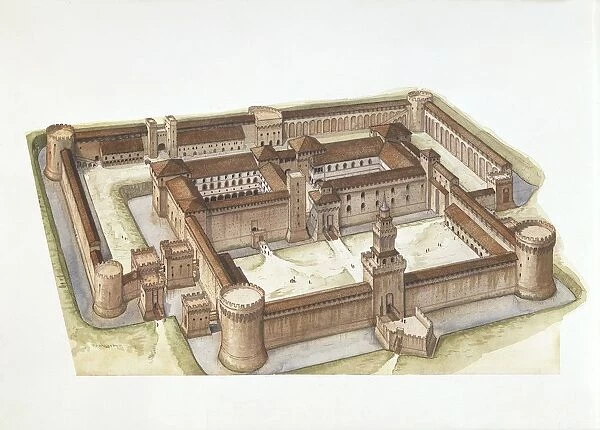 Italy, Lombardy, Milan, reconstruction of Sforza Castle (Castello Sforzesco), illustration