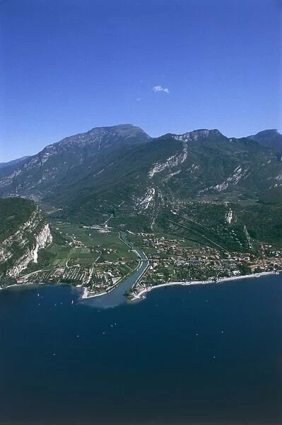 Italy, Trentino-Alto Adige Region, Nago-Torbole, Aerial view of mouth of river Sarca in Lake Garda or Benaco