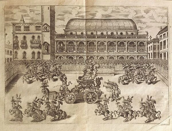 Italy, Vicenza, Signori Square, Palio (athletic contest), Basilica of Palladiana in background, engraving, 15th century