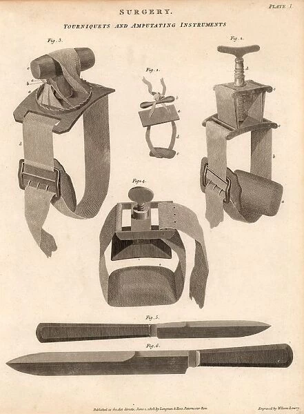 Knives and tourniquets used for amputation. The tourniquets not only stemmed the flow of blood