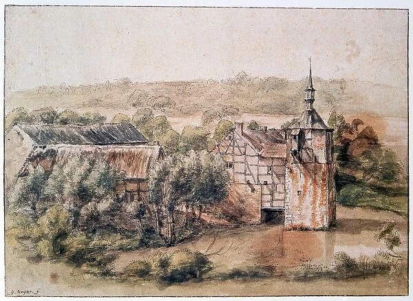 Landscape with Houses. Watercolour and brown ink. Gillis Neyts (1623-1687)