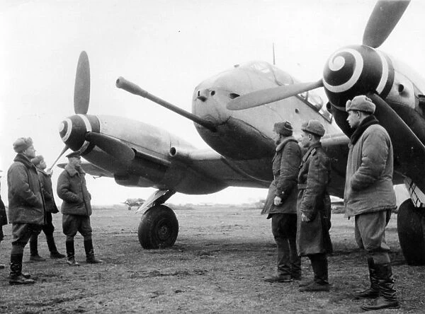 The latest type of messerschmitt captured by soviet troops on an enemy airdrome, the gun is of the 50mm type, world war ll