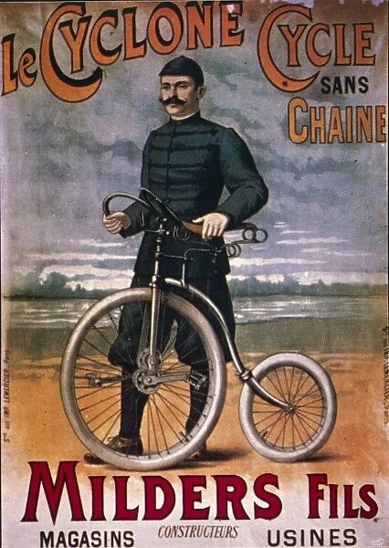 Le Cyclone Cycle sans chaine, advertisement for bicycle without chain, poster, early 1900s