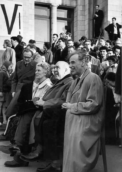 Lev landau (front row, right), soviet nobel prize-winning physicist at a celebration honoring him on his birthday, second left: nils bohr, president of danish academy of sciences, moscow, ussr