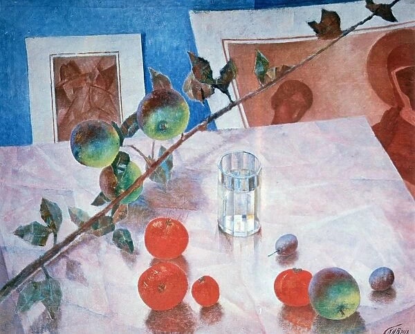 Still Life: Fruit, glass of water and branch of apples. 1918. Oil on canvas. Kuzma Petrov-Vodkin