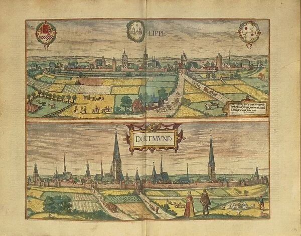 Map of Lippe and Dortmund from Civitates Orbis Terrarum by Georg Braun, 1541-1622 and Franz Hogenberg, 1540-1590, engraving