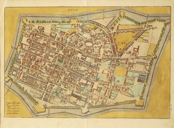 Map of Lucca from Civitates Orbis Terrarum by Georg Braun, 1541-1622 and Franz Hogenberg, 1540-1590, engraving