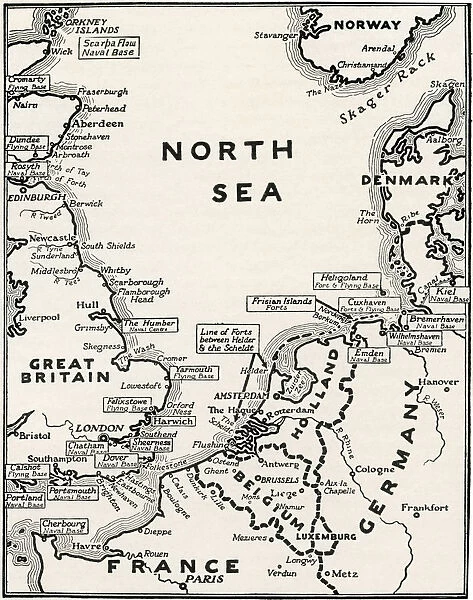Map showing the naval bases of the North Sea during World War One