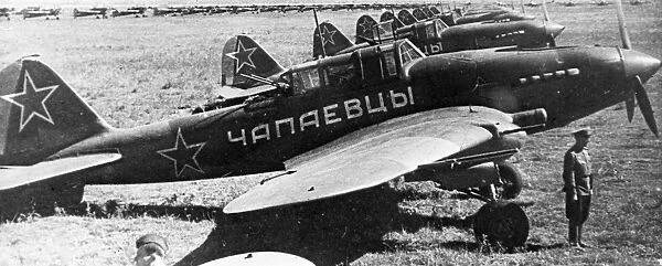 To mark the the 25th anniversary of the death of the famous red army commander vassily chapayev, the working people of the town of chapayevsk, kuibishev region, built 13 warplanes using their own savings for the first byelorussian front, the chapayev planes (the latest version of the stormovik ilyushin-10)