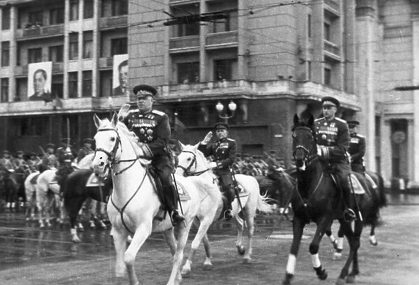 Marshals georgy zhukov and k, rokossovsky riding across red square prior to the victory parade on june 24, 1945