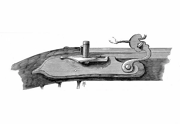A Matchlock mechanism in use on British firearms c1700 at the time of William III. Engraving
