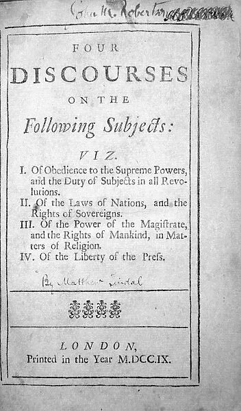 Matthew Tindal ((1657-1733) English Christian Deist. Title page of his Four Discourses