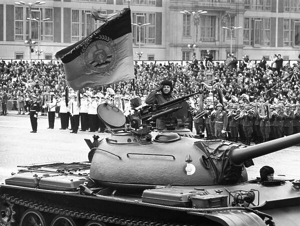 May day 1967, a regiment with t-54 tanks on marx-engels square in front of the gdr state council building during a military parade of the national peoples army, berlin, may 1, 1967