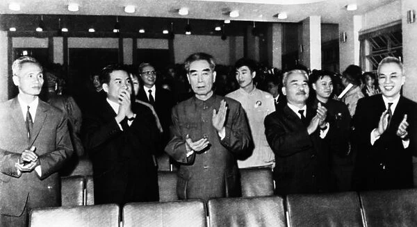 A meeting of solidarity, friendship, and struggle, left to right: phan van dong, premier of the democratic republic of vietnam (north vietnam); samdech norodom sihanouk, cambodian head of state; chinese premier zhou enlai; prince souphanouvong, chairman of the laotian patriotic front; and nguyen huu tho, president of the advisory council of the provisional revolutionary government of the republic of south vietnam, 1971