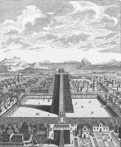 Mexico, Mexico City, Tenochtitlja!n, the great Teocalli on Templo Mayor (16th century), European engraving from 18th century