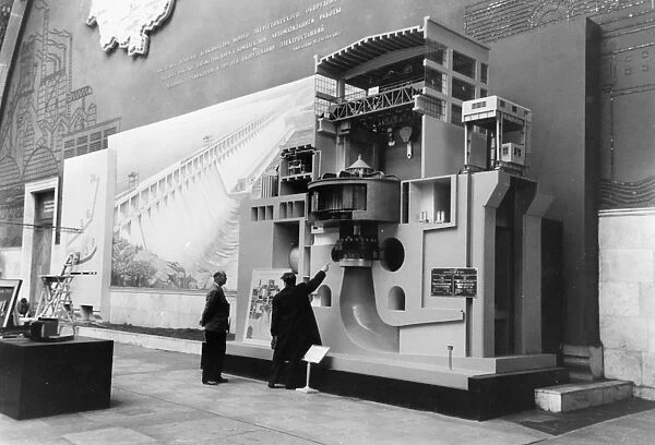 A model of the bratsk hydro-electric power plant on display at the ussr agricultural exhibition and the ussr industrial exhibition in moscow, 1957, the plant has a capacity of 204, 000 kw, at the time, the worlds most powerful
