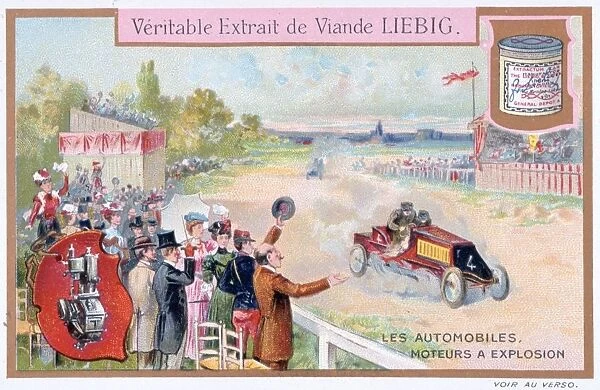 Motor racing: Crowd cheering the winner. Liebig Trade Card c1910. Automobile Engine