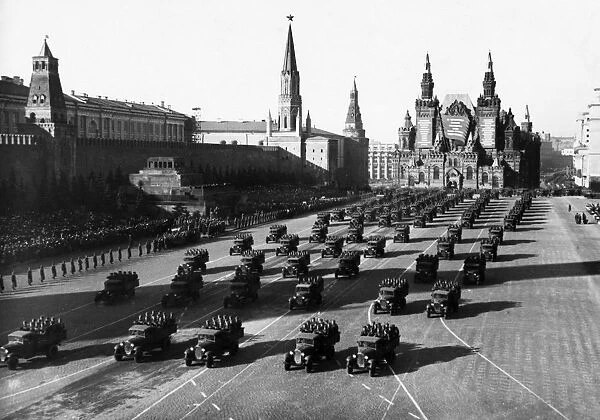 Motorized infantry during a military parade in red square celebrating the 23rd anniversary of the great october socialist revolution on november 7, 1940