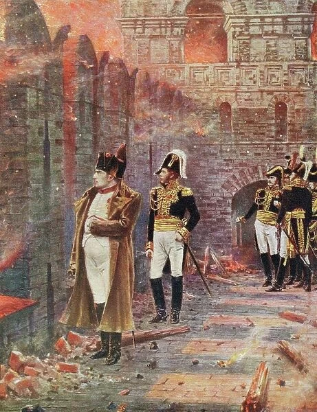 Napoleon and his staff watching the burning of Moscow, 1812. Early 20th century book illustration