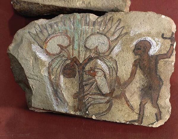 Ostrakon depicting a monkey picking dates watched by a young man from Egypt, West Thebes, Deir el-Medina