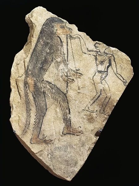Ostrakon with humorous sketch, depicting a monkey playing a double oboe and a young woman dancing