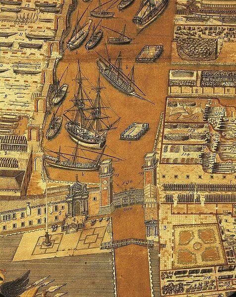 Perspective map of Venice dockyard by Gian Maria Maffioletti, engraving, 1798
