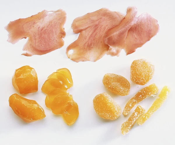 Pickled preserved and crystallized ginger pieces, close up
