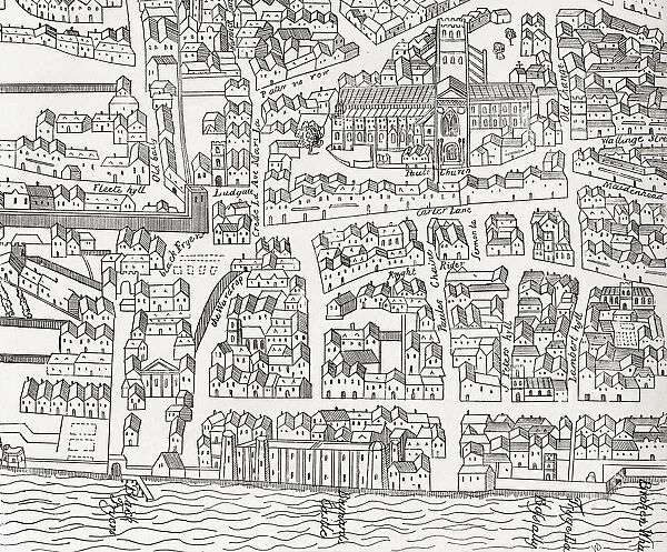 Plan of London around St. Pauls in 1563. After Ralph Agass map