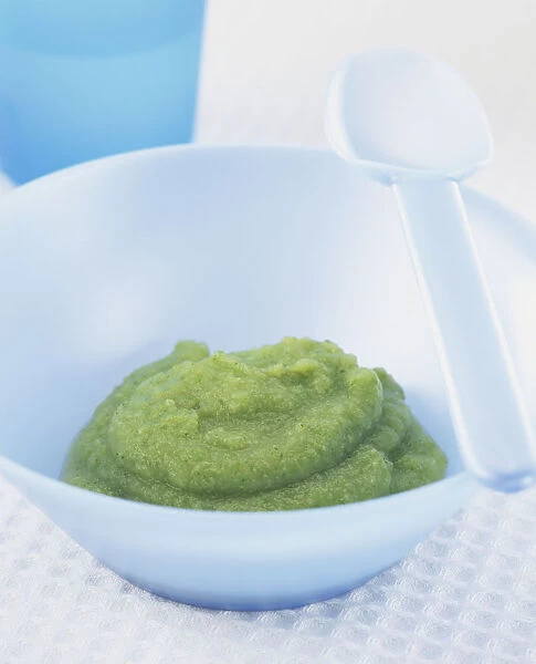 Plastic bowl of green vegetable puree with spoon resting on rim, close up