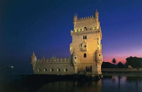 Portugal, Lisbon, Belem Tower (1515-1521) designed by architect Francisco de Arruda, night view