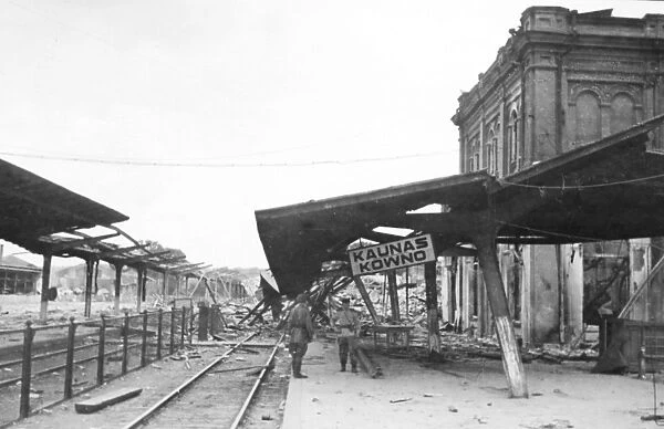 The railway station at kovno(kaunas), destroyed by the germans in their retreat, world war ll