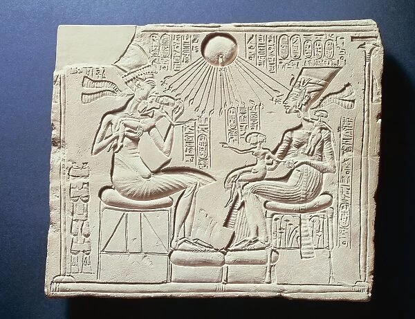 Relief depicting King Amenhotep IV (Akhenaten), his wife Nefertiti and their children under rays of sun god Aton, relief from Tall al-Amarnah, New Kingdom, Dynasty XVIII
