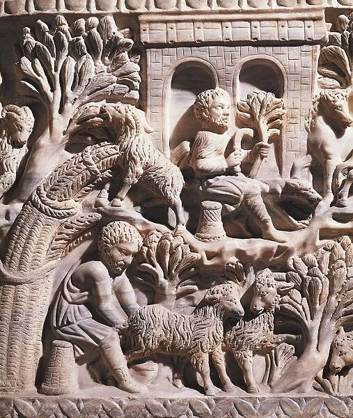 Reliefs on a sarcophagus depicting farmers garing legumes and milking sheep from Villa Casali Necropolis, Rome, detail