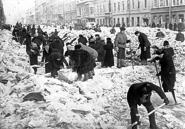 Residents clearing snow and ice from nevsky prospect in leningrad during world war ll, 1942