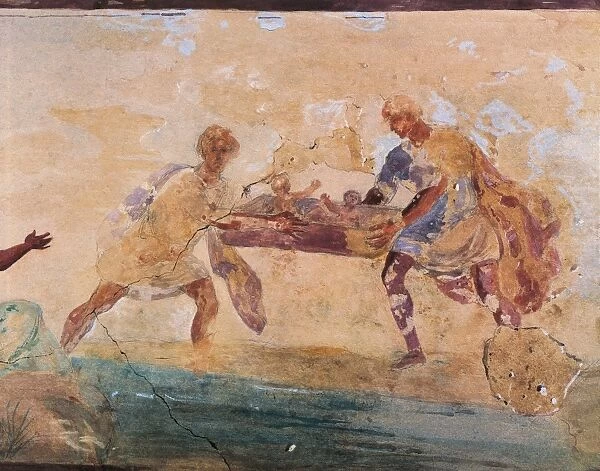 Roman civilization, Fresco depicting Romulus and Remus being abandoned on banks of river, From columbarium at Esquiline Hill, Rome