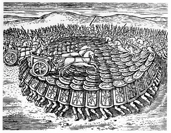 Roman soldiers making a Tortoise with their shields strong enough for chariots to drive over