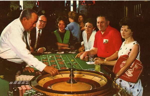 Roulette. Vintage postcard showing a group of customers playing roulette