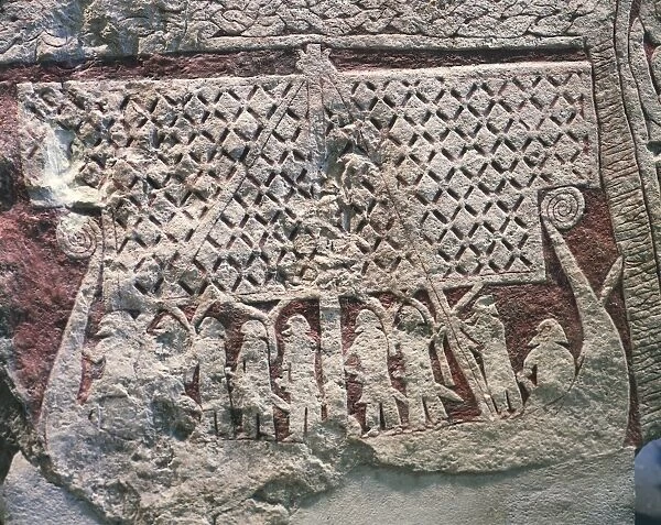 Runestone from Gotland Island, Detail depicting ship of Odin carrying souls of warrior heroes dead in battle to Afterworld, Bildstenar