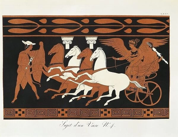 Scene from ancient Greek vase with Heracles on a quadriga driven by Nike, goddess of Victory, with Hermes standing before them by Piringer (after Greek original), engraving