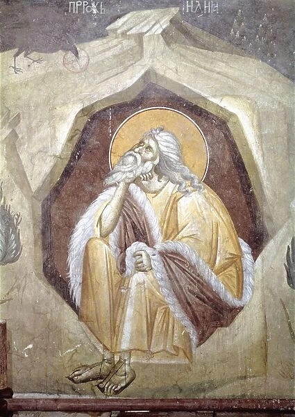 Serbia, Kosovo, Pristina, fresco portraying prophet Elijah fed by a raven in Gracanica Monastery