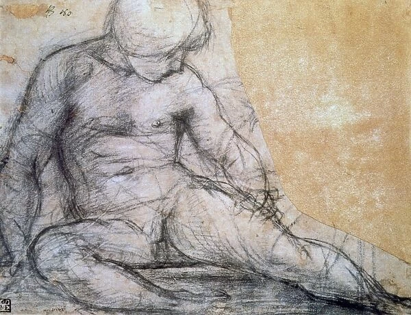 Sitting Boy, Pencil with traces of charcoal on paper. Pontomoro (Jacopo Carucci