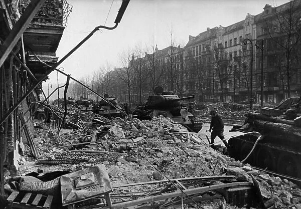 Soviet armored division re-grouping on a street cleared of germans, berlin, germany, 1945