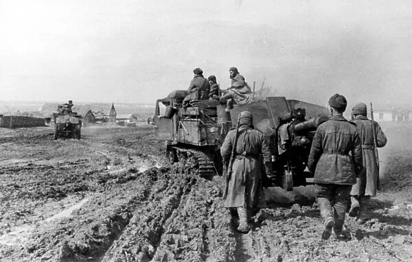 Soviet artillery on the march at the third ukrainian front in april 1944