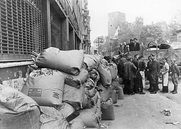 Soviet food relief, bags of flour and suger ready for distribution to stores in berlin, 1945 or 1946