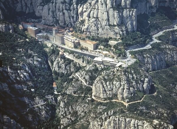 Spain, Catalonia, Montserrat, Aerial view of Santa Maria de Montserrat monastery