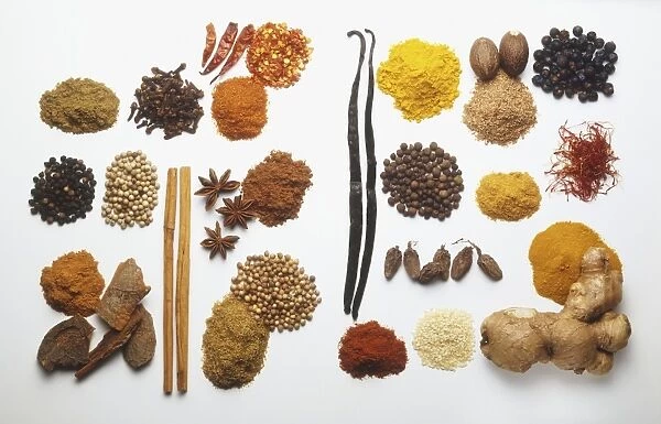 Spices, whole, dried and ground, including ginger, nutmeg, pepper, saffron, star anise, vanilla