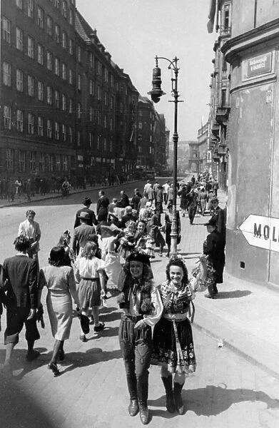 A street scene in prague, czechoslovakia after the war, june 1945