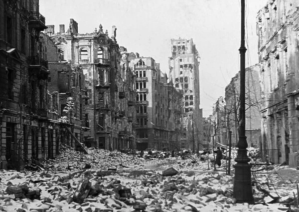 Szpitalna street in warsaw, poland in ruins at the end of world war ll in 1945