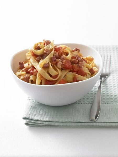 Tagliatelle all Amattriciana, pasta with pancetta in a spicy tomato sauce